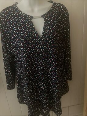 Black top with colorful polka dots, L